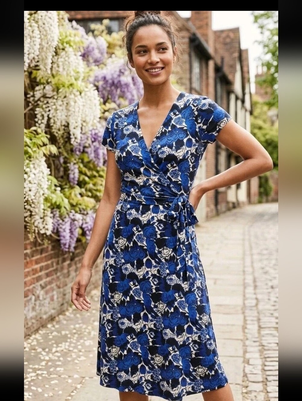 Boden Blue Floral Jersey Wrap Dress US 4R UK 8R Short Sleeve V-Neck Knee Length